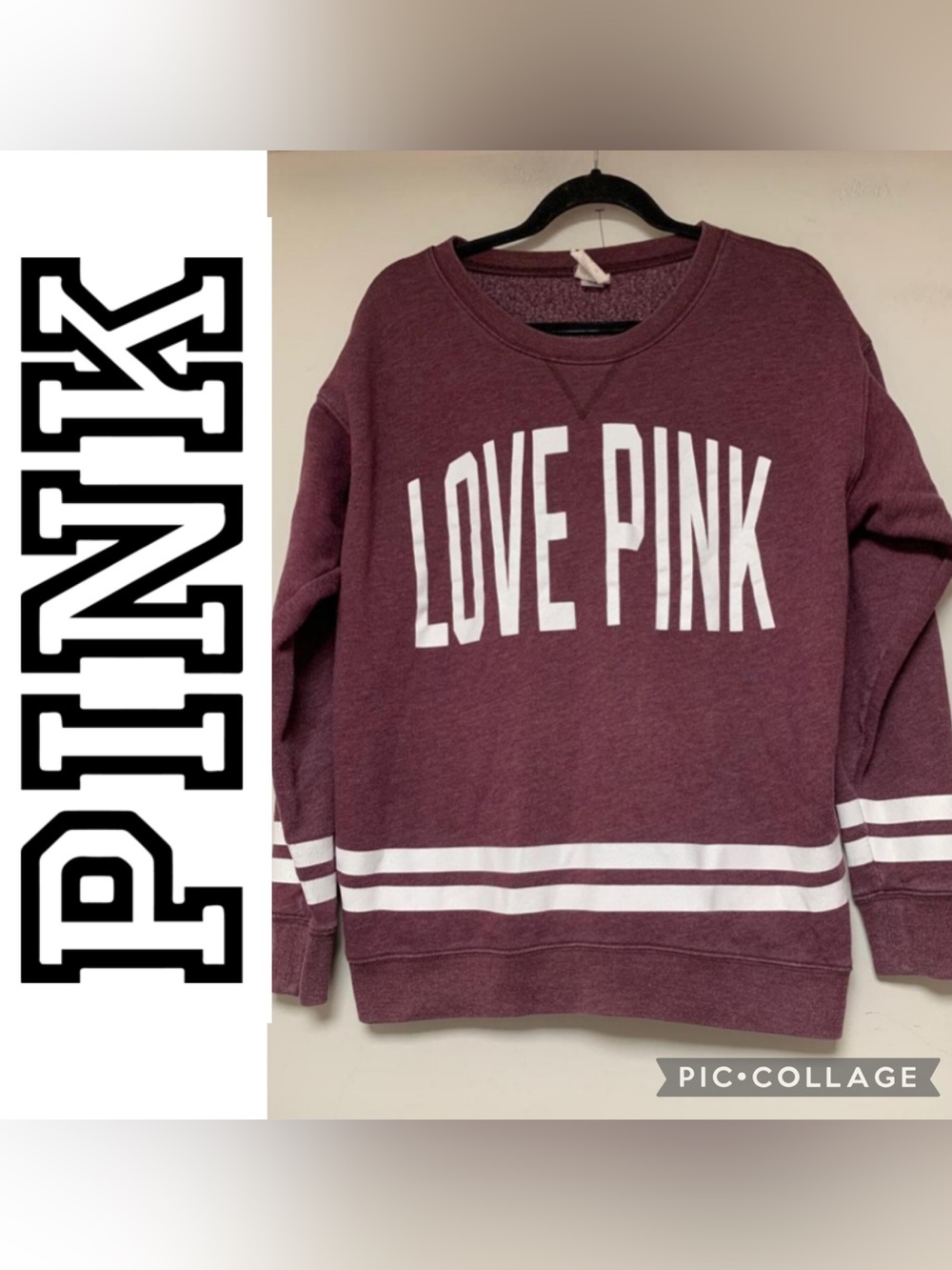 PINK Victoria's Secret Maroon 'LOVE PINK' Crewneck Sweatshirt with White Stripes